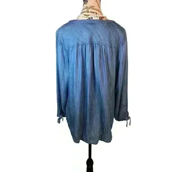 Crown And Ivy XL Blue Denim Chambray Blouse Tie Sleeves V-Neck Lyocell - Picture 5 of 7